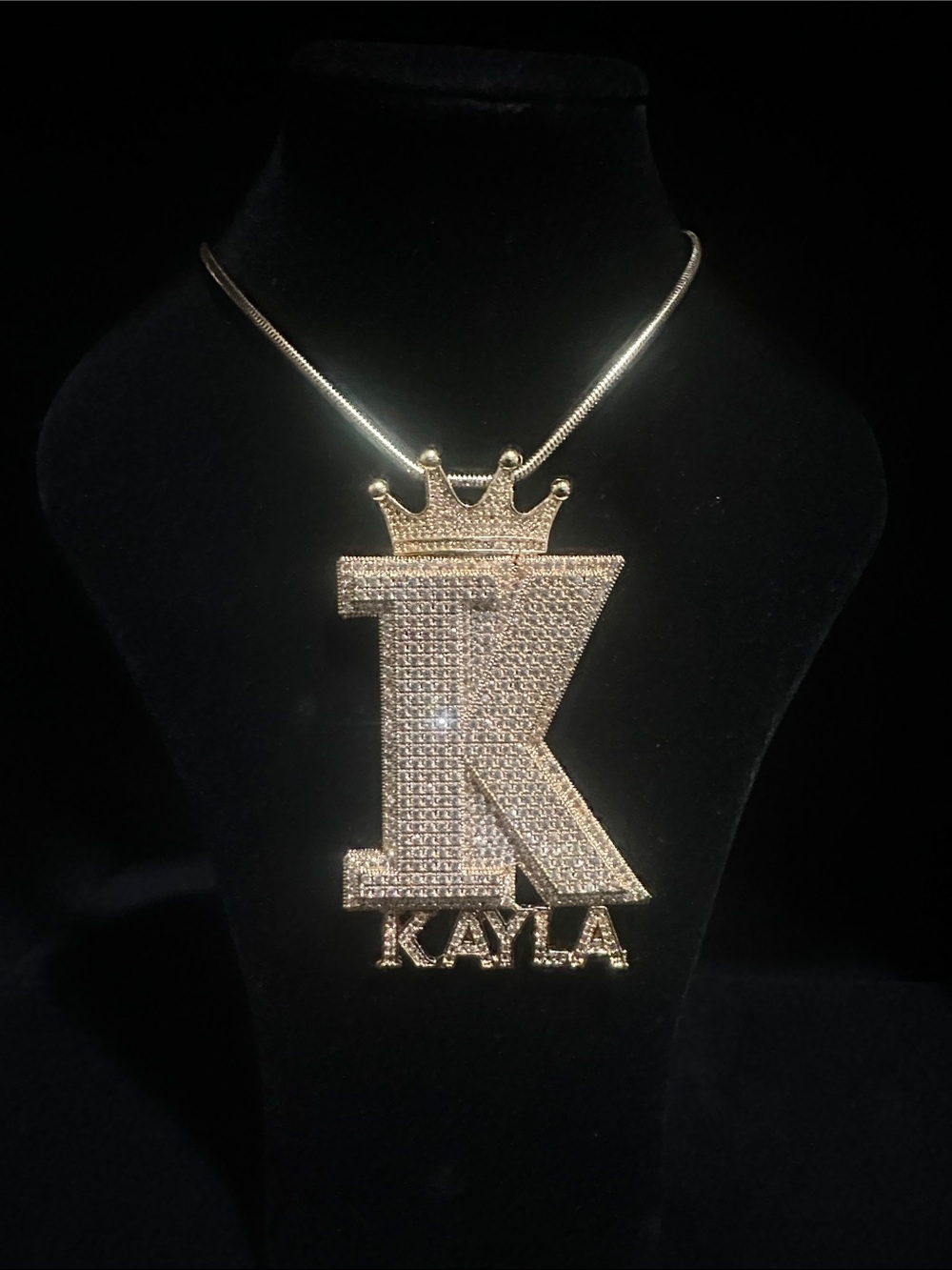 Custom Gold Initial 'K' Kayla Necklace with Crown and Name Pendant - Kayla